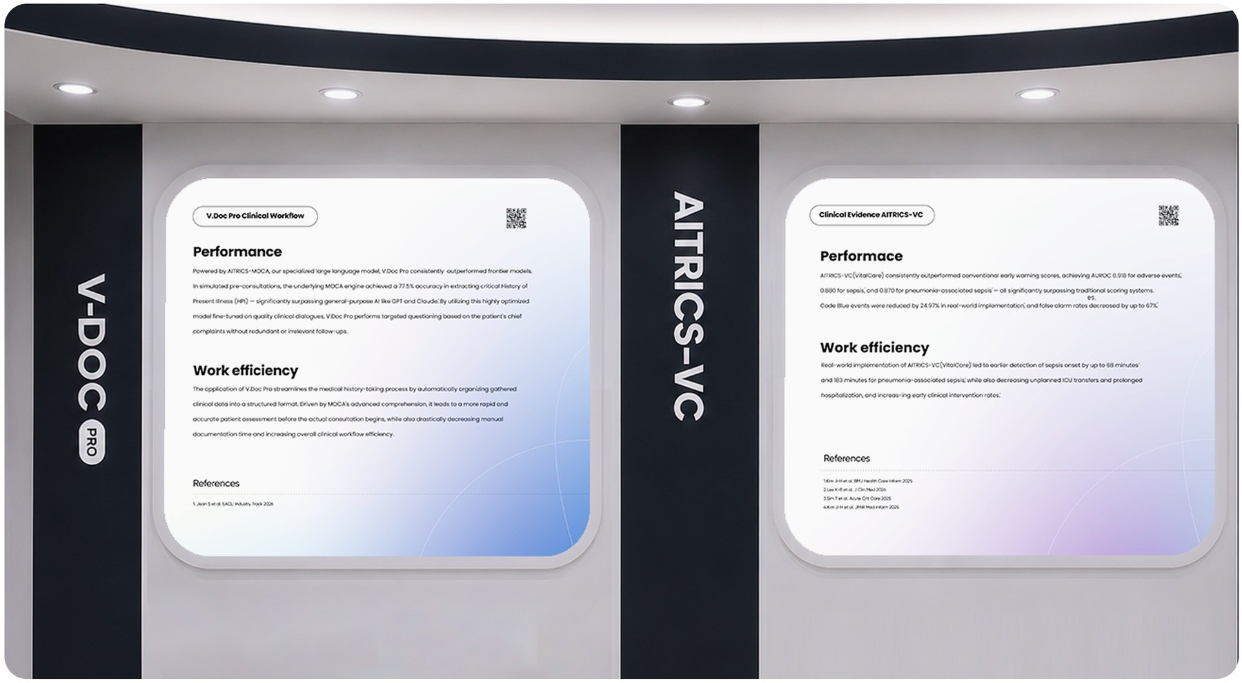 논문존 벽면 — Clinical Evidence AITRICS-VC · V.Doc Pro Clinical Workflow 패널
